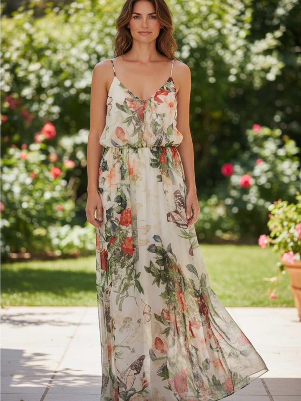 Fate Floral Spaghetti-Strap Maxi Dress in Cream, Green and Coral